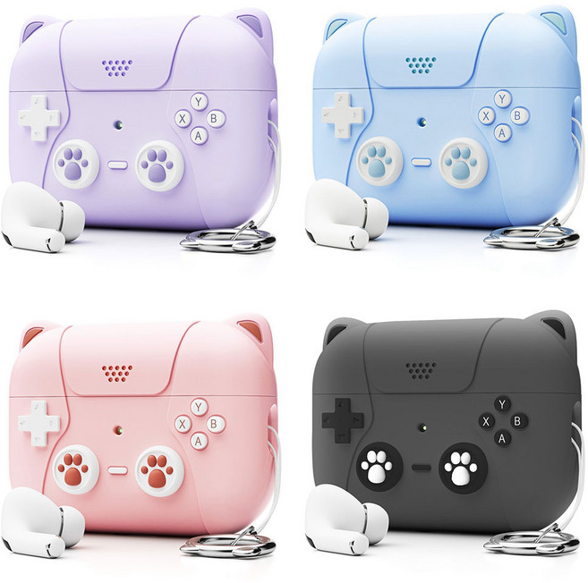 에어팟 4세대 3세대 에어팟프로2 호환 귀여운 고양이 게임기 컨트롤러 실리콘 케이스 고리 키링 세트 블루투스 무선 이어폰 악세서리 커플 아이템, 핑크 WAP1453