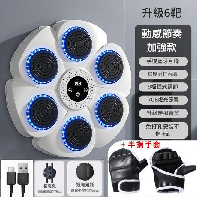 AQWA 智慧懸掛拳擊機 藍芽音樂, 白色拳擊靶 中文說明書 半指拳套 4魔術貼 充電線