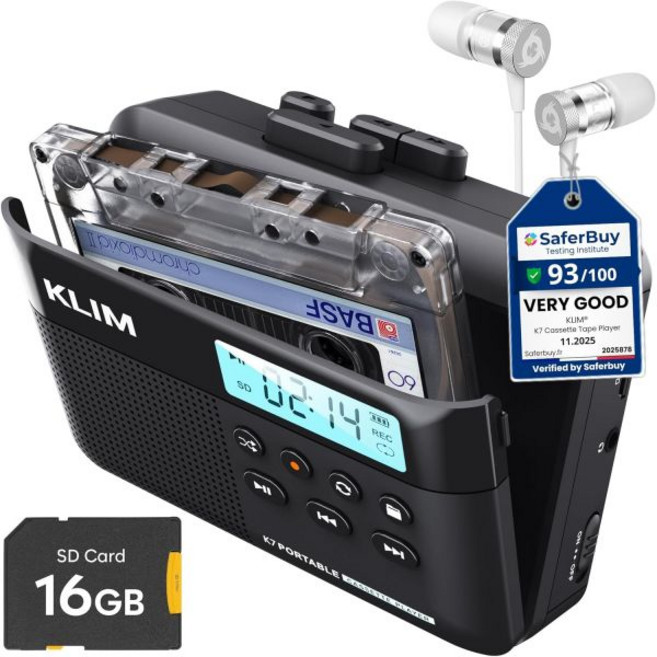 F1 이어폰이 장착된 KLIM K7 카세트 테이프 플레이어 - 카세트에서 MP3로 변환기 휴대용 내장 마이크 및 스피커 충전식 배터리 이어폰 16GB SD 카드 블랙, Black- Fusion White