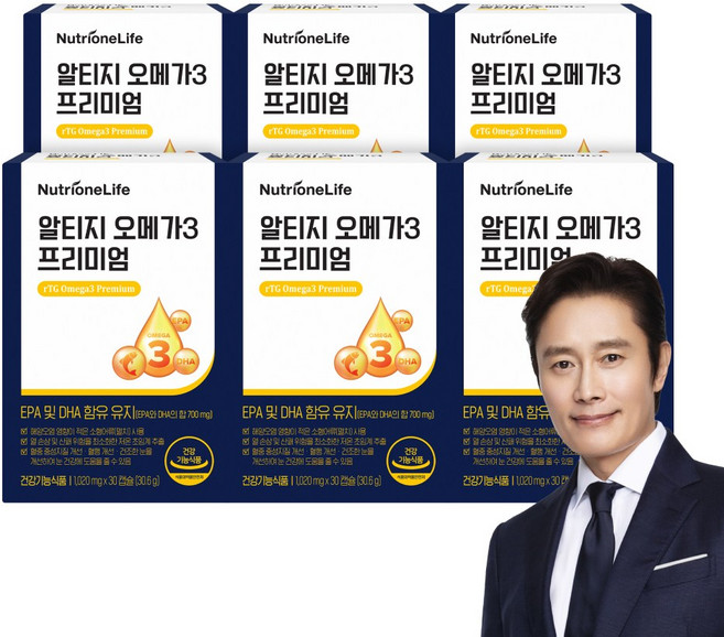 [본사출고] 뉴트리원 알티지 오메가3 프리미엄 혈행건강 rTG EPA DHA 쇼핑백 선물세트, 6개, 30정