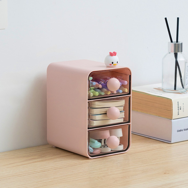 YOUNG 공간 활용 끝판왕! 3단 슬라이딩 데스크 수납함 미니 책상 정리함 소품 정리 박스, 1개, 핑크 소형
