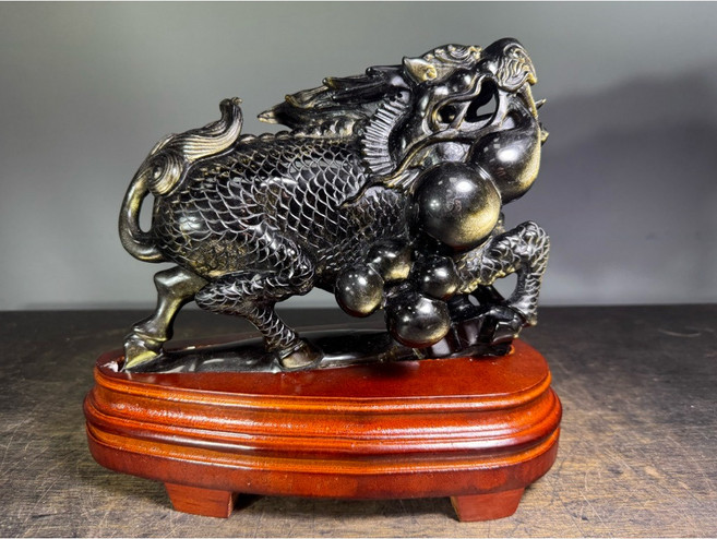 貔貅金沙石雕刻擺件 藝術品, 黑, 1個