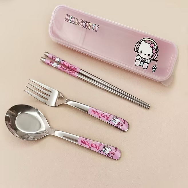 핑크색 헬로키티 스텐 숟가락 +젖가락 +포크+ 키티 세트 케이스, 1세트, 슈트, kitty