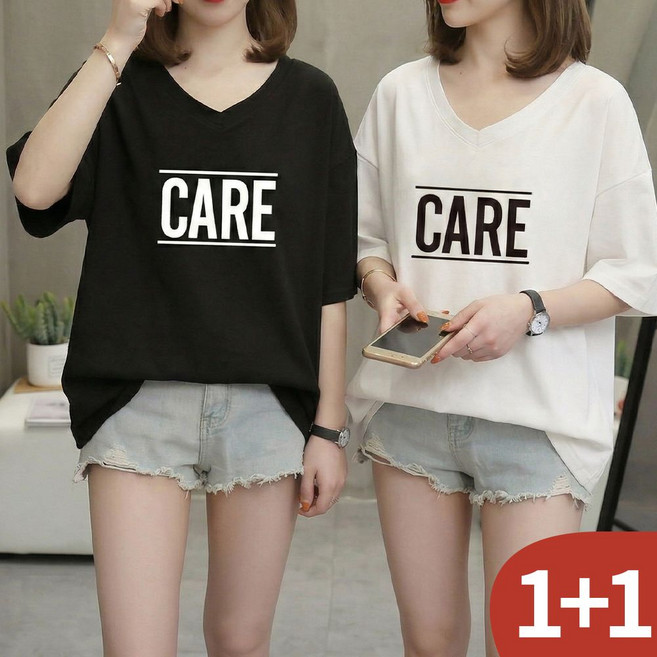 오스틱니 150kg까지 1+1 여성 V넥 캐릭터 프린팅 기본 반팔 티셔츠 여름 추천 박시핏 빅사이즈 프린트 레터링 루즈핏 학생복 중년 블랙 흰색 귀여운 큰옷 여자 티 2P