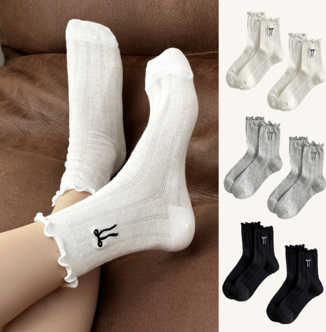 SwanCode 여성 시스루양말 리본레이스 줄무늬양말 6켤레