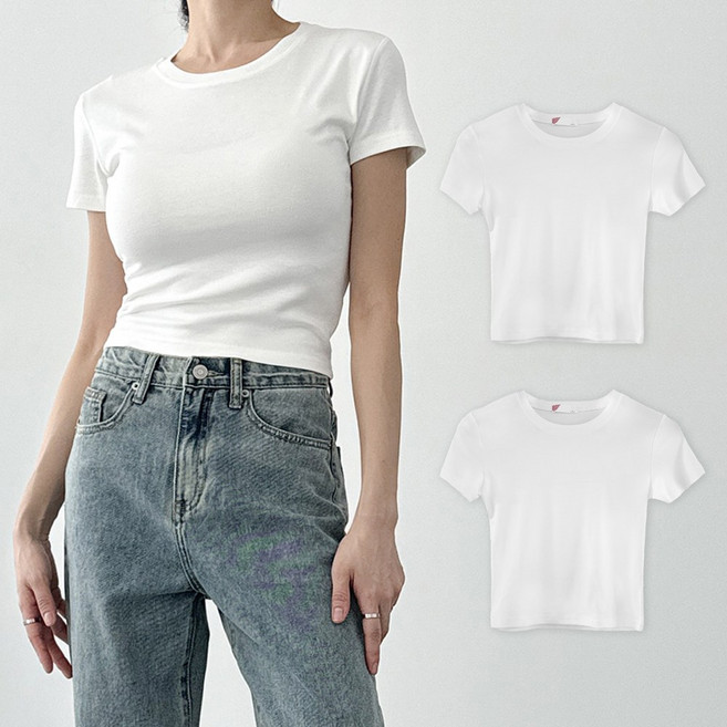 어반플리커 여성용 데일리 라운드넥 크롭 반팔 티셔츠 2P