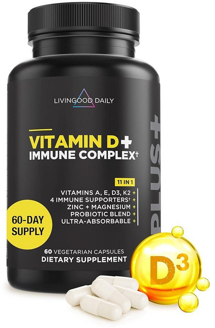 Livingood Daily 비타민 D3 K2 4000 IU 보충제 면역 지원을 위한 9-in-1 식이 보충제 - 최대 흡수를 위한 비타민 D A E K2 아연 마그, 1개, 60