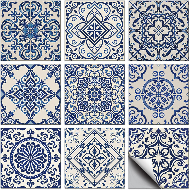 PVC 타일 시트지 세트 다양한 패턴 방수 주방 욕실 리폼 10x10cm 9가지 다른 디자인 1세트 총 36개, 해군 블루
