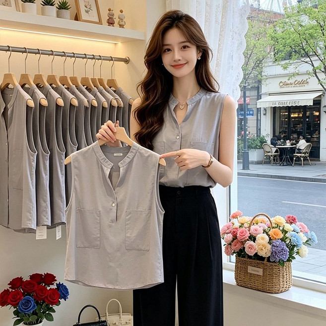 메인워크 여성 민소매 티셔츠 여름 냉장고 스타일리쉬 나시 시크 셔츠 루즈핏 블라우스 데일리 빈티지 패션 고급 정장 조끼 상의