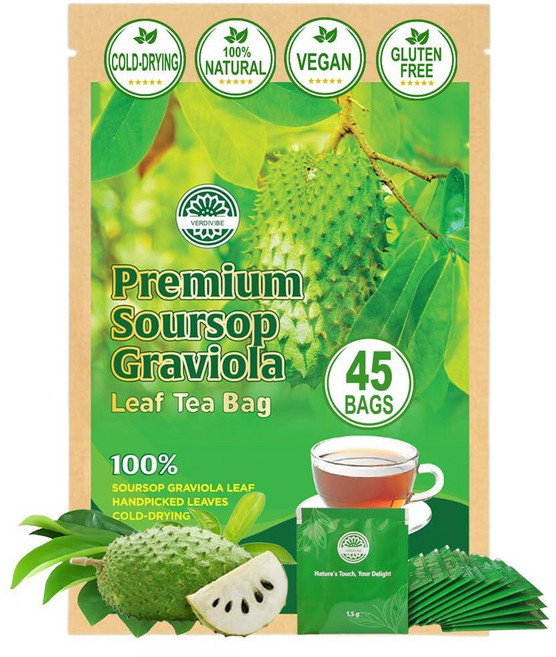 프리미엄 Soursop 그라비올라 잎 티백 - 45봉지 - 저온 건조 - 야생 그라비올라 차 구아나바나 차 호자 구아나바나 사워솝 루즈 리프 허브 티 글루텐 프리 비, 45