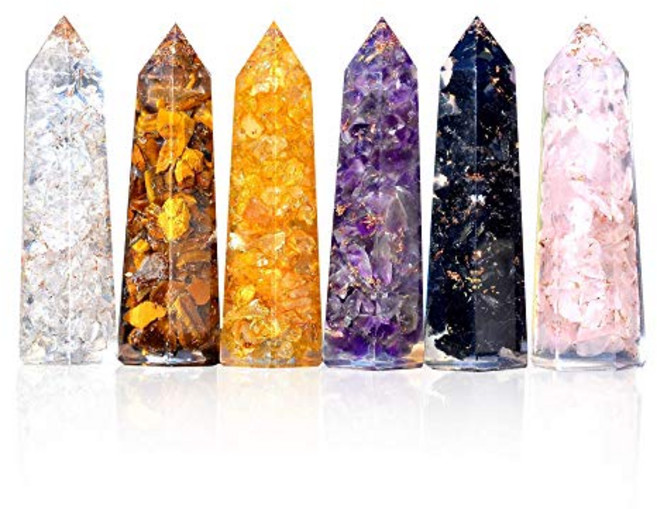 치유 수정 지팡이 6개의 오르고나이트 세트 - 3인치 자수정 수정 타이거스 아이 로즈 쿼츠 블랙 토르말린 스톤 황수정 및 투명 쿼츠 오르곤 크리스탈 플러스 블랙 토르말린 목걸이 포함
