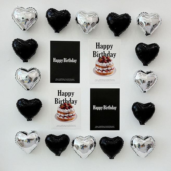 쿠이시 생일 파티 포스터 미니 하트 풍선 파티 용품 세트, 1세트, 블랙+실버