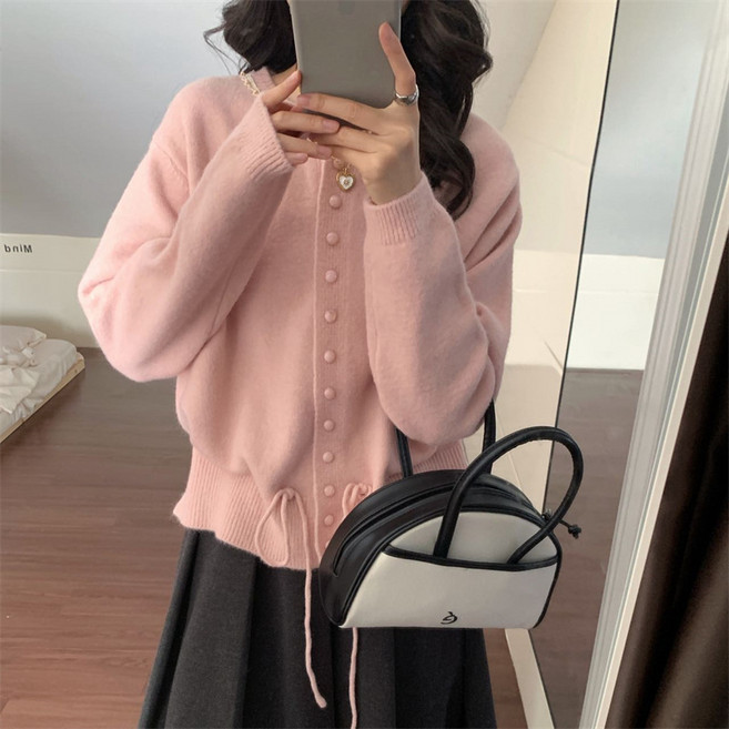 달콤하고 부드러운 스타일의 끈 조절 니트 가디건 여성용 세련되고 아름다운 허리 조임 스웨터 재킷