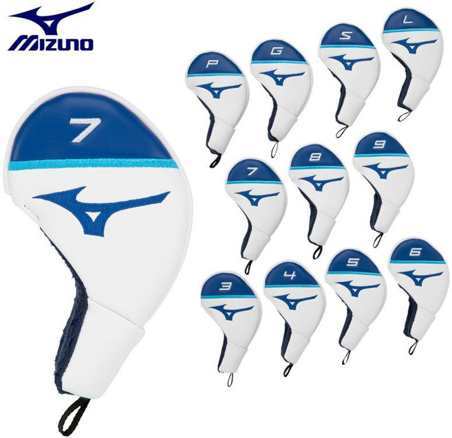 MIZUNO 미즈노 정규품 Tour 헤드 커버 (아이언 커버) 11개 세트(3~9 P G S L), 화이트×블루(01), 1개