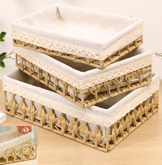 포미온 꽃무늬 인테리어 내추럴 라탄 수납 바구니, 1개, 나무색상