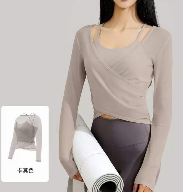 BONNYLASS 假兩件式瑜珈服 透氣網紗拼接長袖上衣 附一體式胸墊