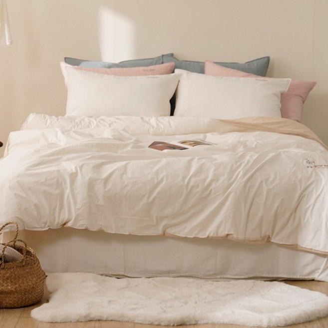 양모 메리노울100% 차렵이불 호주 프리미엄 울 포근한 사계절 알러지 케어 따뜻한 겨울 이불 (세탁망포함) 싱글 더블 침구, 베이지&화이트