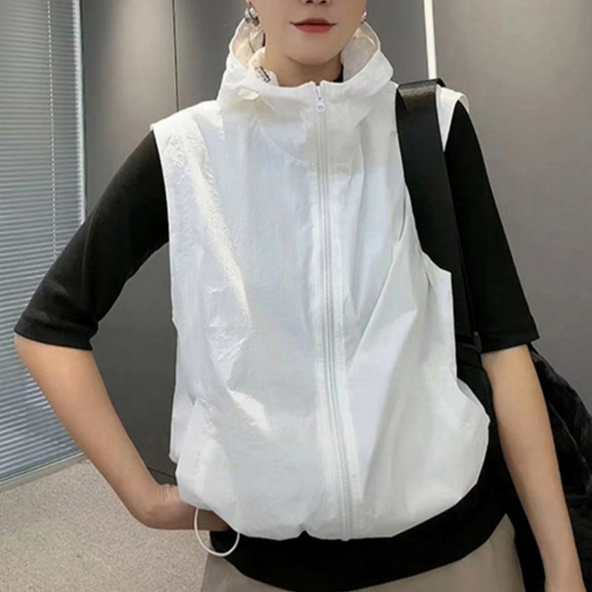 ANYOU 여성 여름 조끼 바람막이 후드집업 루즈핏 자외선 차단 얇은 방풍 조끼