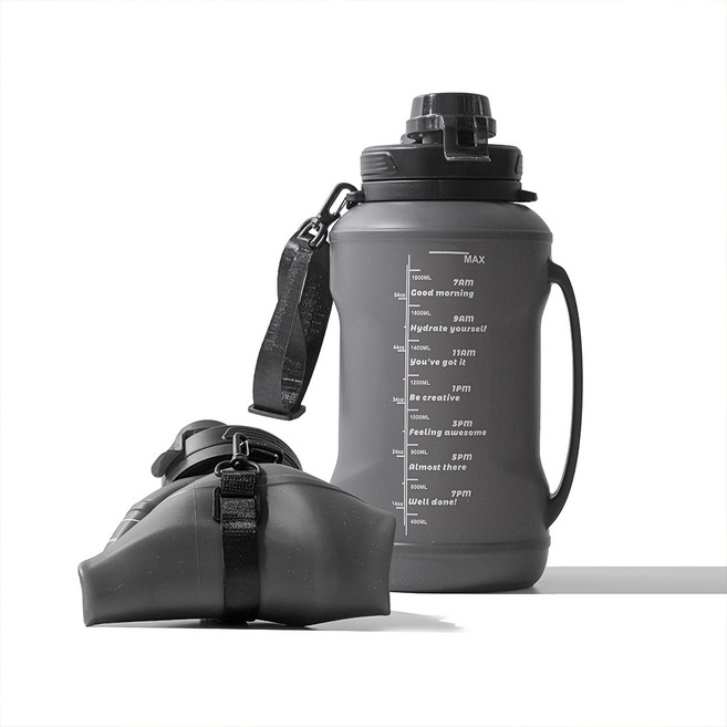 접이식 실리콘 물병 대용량 눈금 보틀 휴대용 빨대 텀블러 물통 BPA 프리, 1개, 2L, 블랙 Black