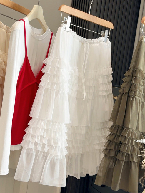 【重工韓系】蛋糕裙 蓬蓬裙 網紗裙 半身裙 中長裙 木耳邊 鬆緊腰 多層紗裙 春季新款 氣質仙女裙
