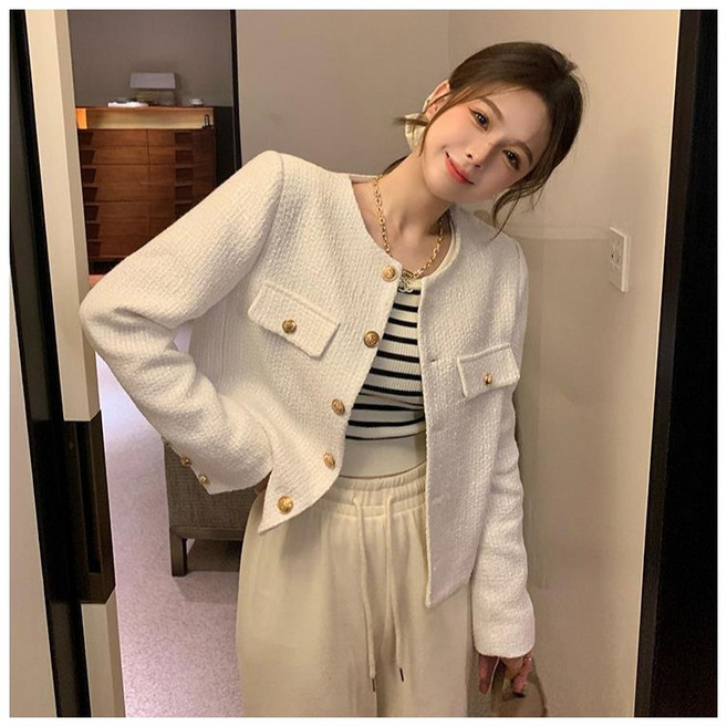 DZX 여성 베이직 캐주얼 패션 트위드 자켓 데일리 골드버튼 라운드넥 점퍼