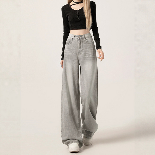 SAHINER 여성 데님 와이드 팬츠 하이웨스트 루즈핏 봄 캐주얼 BNZ86