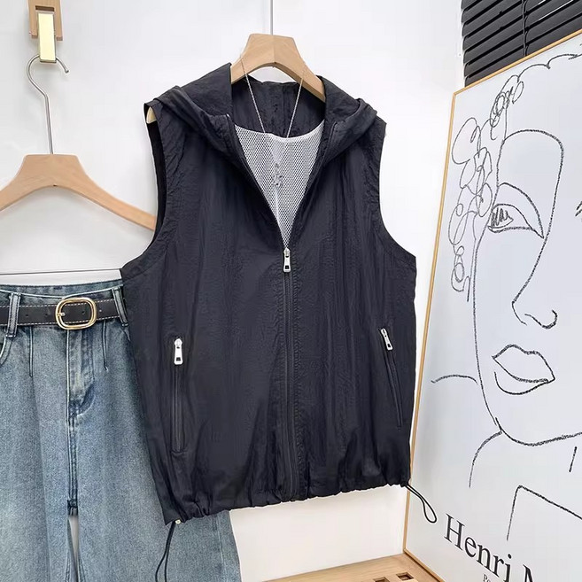 여성용 빅사이즈 루즈핏 후드 바람막이 베스트 포켓 집업 민소매 자외선 차단 조끼
