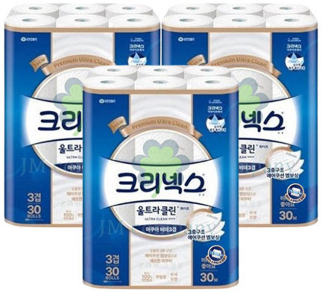 크리넥스 3겹 울트라 클린 롤화장지 천연펄프, 30m, 30개입, 3개