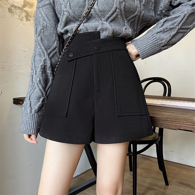 여성용 하이웨스트 A라인 와이드 모직 반바지 언밸런스 숏팬츠 슬림소녀