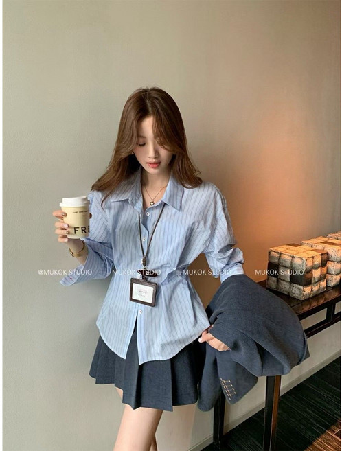 휠렉스 여성 패션 스트라이프 긴소매 카라넥 셔츠 YQ05