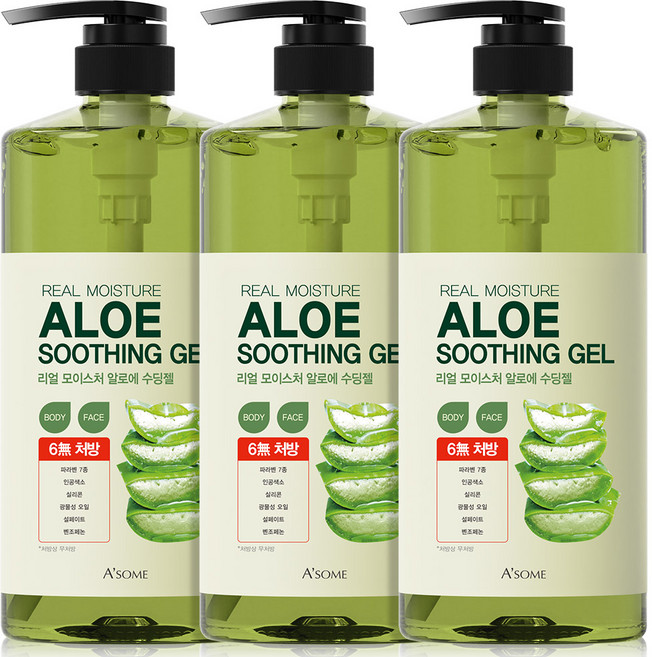 ASOME 리얼 모이스처 알로에 수딩젤 99%, 1L, 3개