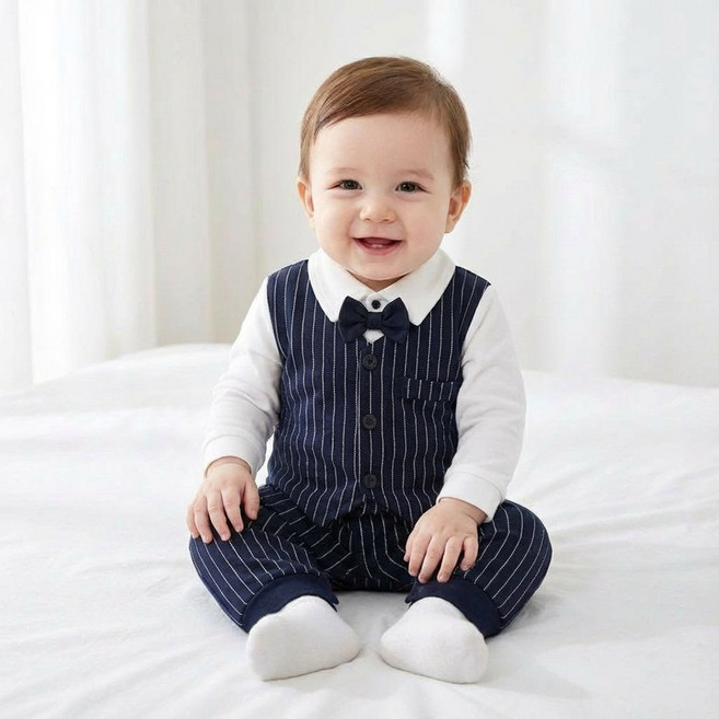 로이앤한나 백일 돌 남아 남자아기 다크네이비 줄무늬 조끼 정장 우주복