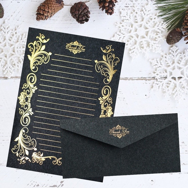 高檔燙金復古牛皮紙信紙信封 浪漫小情書, 1個, 黑色信紙/花紋信封