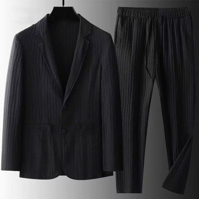 FANSYLI 남성용 정장 세트 봄여름 얇은 비즈니스 캐주얼 세트 루즈핏 캐주얼 스트라이프 정장 자켓+정장바지 투피스 빅사이즈 X2506J13