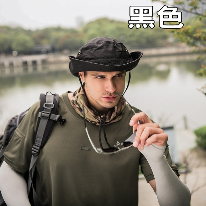 戶外登山漁夫帽 遮陽防曬 大帽沿 透氣輕薄, 黑色, 黑色