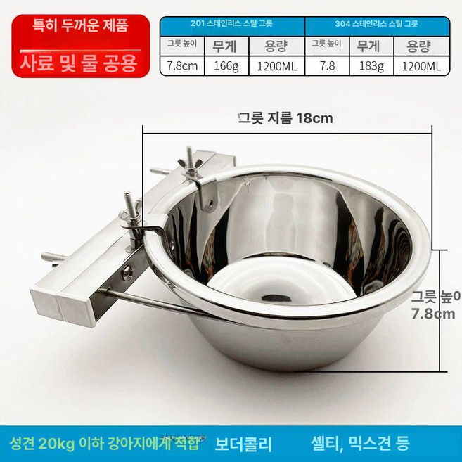 대형견물그릇 스테인레스 밥그릇 애견 강아지용 식기, [304 스테인리스 스틸 볼] + [201 스테인리스, 1개, [걸이형] 특두께 18cm (먹이 및 음수용, kg 이