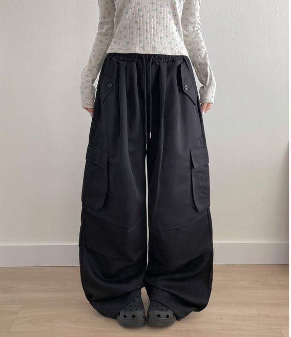 부기샵 여성 다임 패러슈트 핀턱 카고 포켓 와이드 밴딩 팬츠