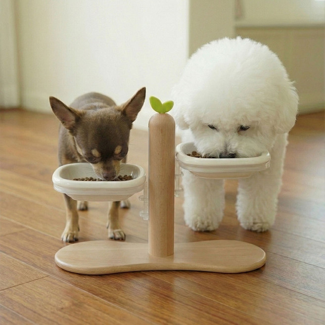크레용펫 맞춤핏 듀얼볼 반려동물 높이조절 식기, 1개, 원목+화이트
