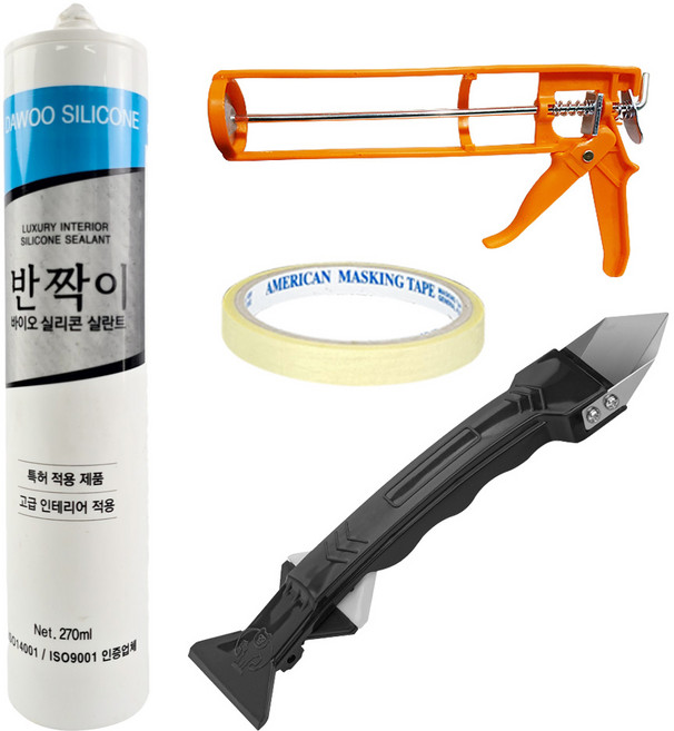 바이오 백펄 실리콘 + 실리콘건 + 실리콘 헤라 겸용 제거기 + 마스킹테이프, 1세트