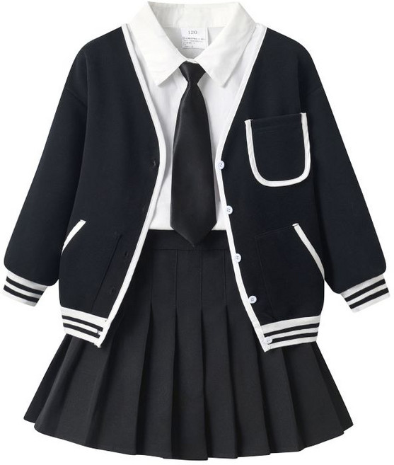루비키즈 여아 유아 봄 가을 스쿨룩 셔츠블라우스 블랙치마 가디건자켓 넥타이 4종 세트복 E119