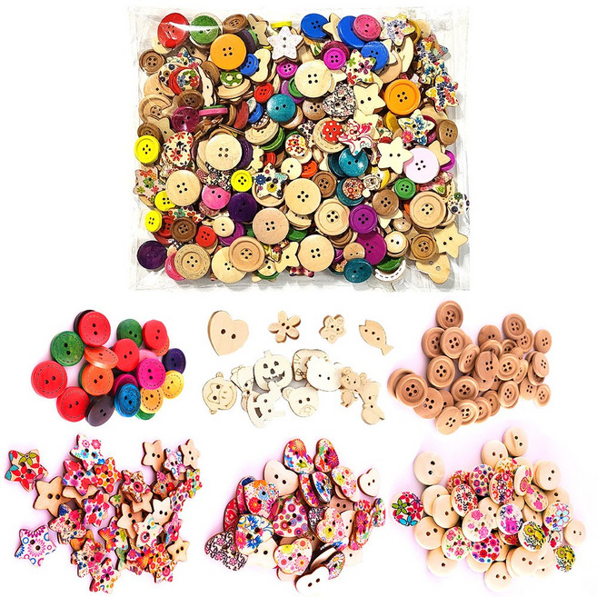 나무단추 (모양혼합) -250g/400개입 칼라단추 모양단추 원형단추, 1개, 칼라혼합