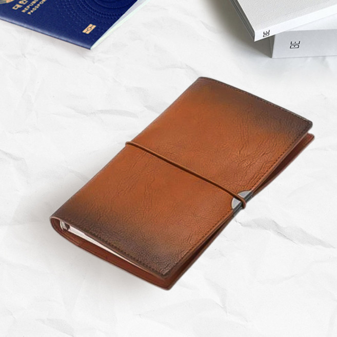 캘리스터 레트로 가죽커버 여행용 스트랩 만년 다이어리 A6 6공 바인더 카드지갑 여권케이스 겸용, 브라운