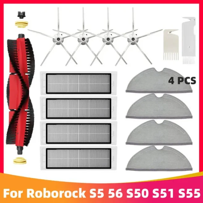 쿠쿠스토어 샤오미 로보락 S5 Max Pure E4 진공 청소기 교체 키트 롤러 브러시 HEPA 필터 천 예비 부품, 08 Set E