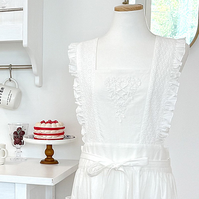 천연광목 프렌치 프릴 앞치마 4가지 색상 100%국내제작 핸드메이드, 화이트, 1개