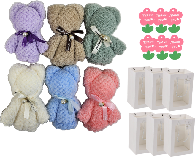 탐나 곰돌이 수건 답례품 행주 곰모양 타올 구디백 행사 단체 선물 포장 세트, 6개, 혼합