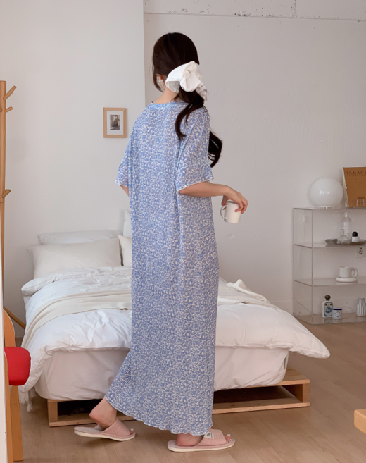 여름 쿨 플리츠 롱원피스 잠옷 빅사이즈 홈웨어 파자마