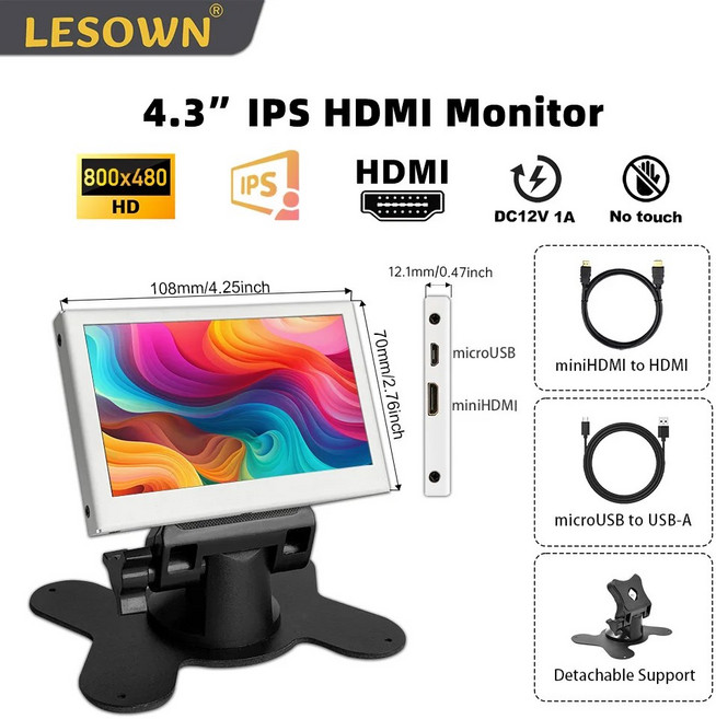 LESOWN 소형 디스플레이 채팅창 모니터 3인치 화면 노트북 800X480 컴팩트 보조 여행용 LCD IPS 미니 휴대용, White with Support