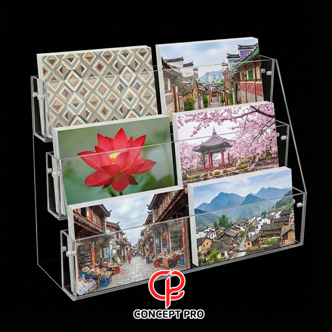 아크릴 스티커 엽서 진열대 팸플릿 거치대 리플렛 봉투 전시대 꽂이, 1개, 투명 3단