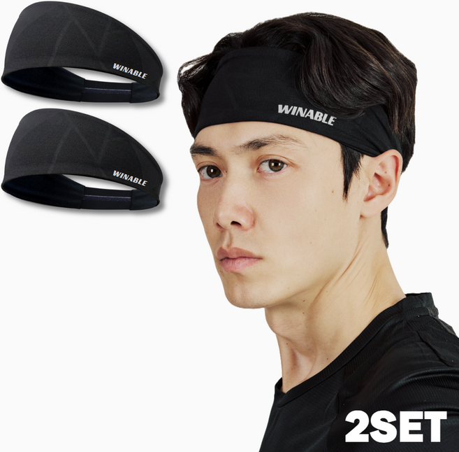 윈어블 여자 남자 스포츠 쿨 밴딩형 헤어밴드 땀밴드 머리띠, 2세트, 블랙, 프리미엄 헤어밴드