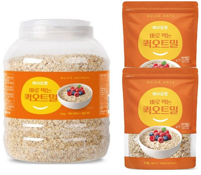 헤이오트 바로 먹는 퀵오트밀 2kg PET(캐나다산)X1통 + 리필용 2kg 2포, 3개